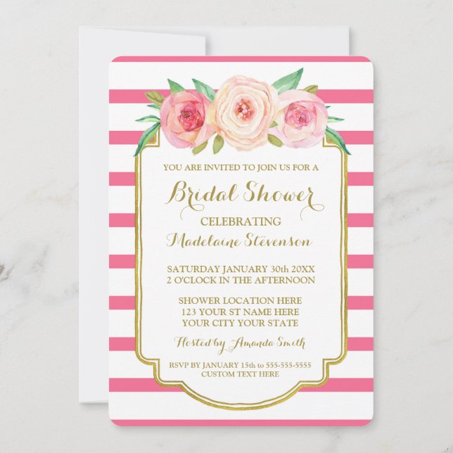 Hot Pink Stripes Gold Pink Floral Bridal Shower Invitation (Back)
