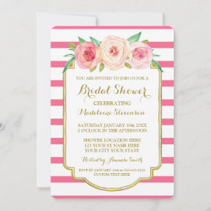 Hot Pink Stripes Gold Pink Floral Bridal Shower Invitation