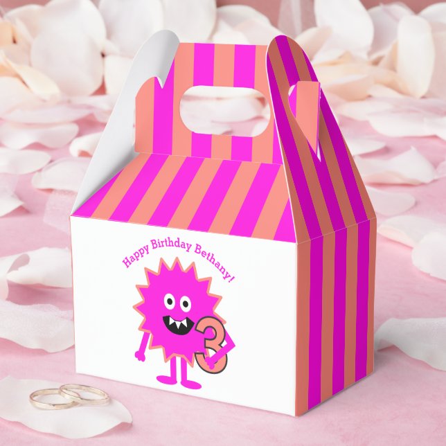 Hot Pink Stripes Little Monster Girl 3rd Birthday Favour Box (Wedding)
