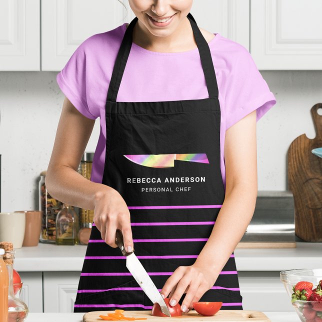 Hot Pink Stripes Rainbow Chef Knife Personalised Apron (Creator Uploaded)