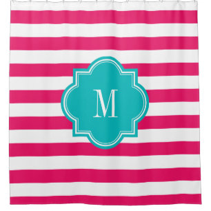 Hot Pink Stripes with Teal Monogram Shower Curtain