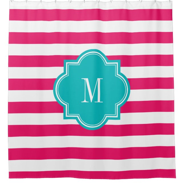 Hot Pink Stripes with Teal Monogram Shower Curtain (Front)