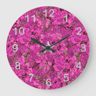 Hot Pink Stylised Floral with Silvery Accents Large Clock