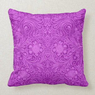 Hot Pink Suede Leather Look Embossed Flowers Cushion