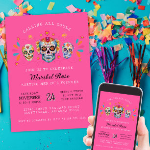 Hot Pink Sugar Skulls Day of the Dead Birthday Invitation