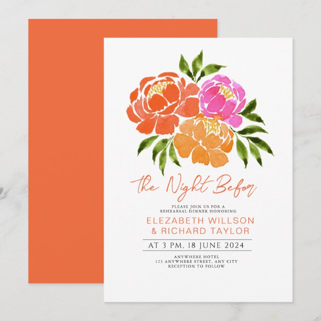 Hot Pink Summer  Orange Floral Rehearsal Dinner Invitation (Front/Back)