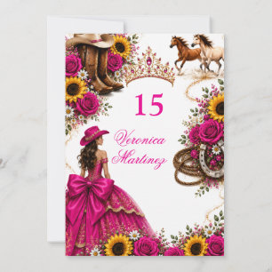 Hot Pink Sunflower Fuchsia Vaquera Quinceañera Invitation