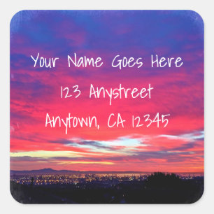 Hot pink sunset coasta lights photo return address square sticker