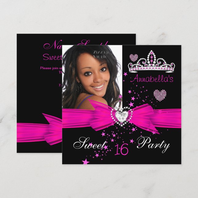 Hot Pink Sweet 16 Birthday Diamond Tiara Photo Invitation (Front/Back)