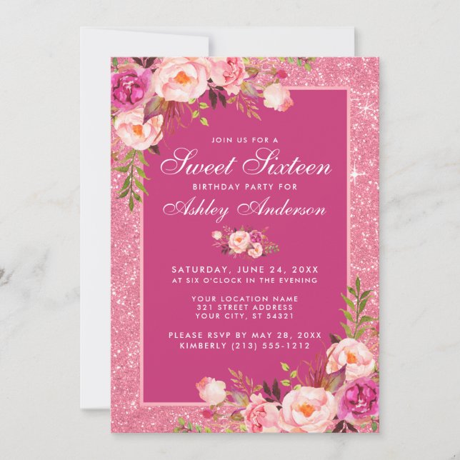 Hot Pink Sweet 16 Birthday Floral Glitter Invitation (Front)