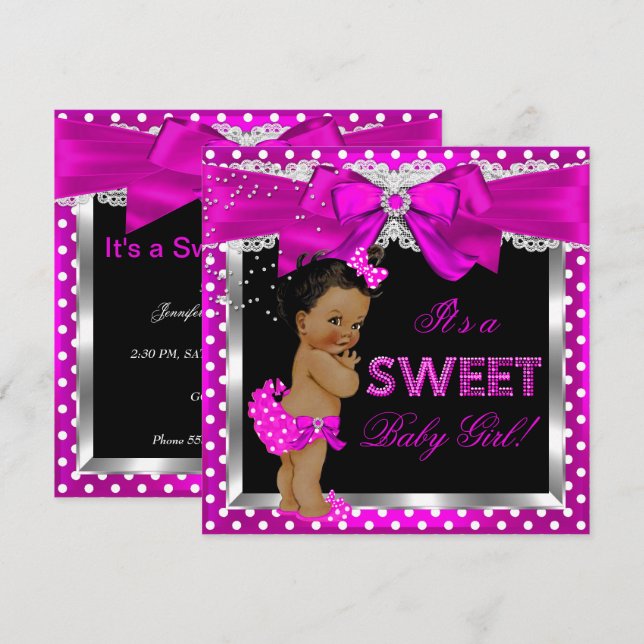 Hot Pink Sweet Baby Shower Girl African American Invitation (Front/Back)