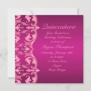 Hot Pink Swirl Damask Birthday Quinceañera Invite