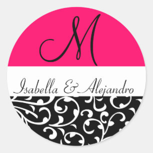 Hot Pink Swirl Damask Monogram Wedding Stickers