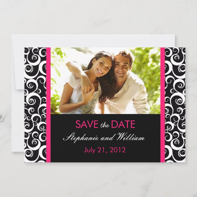Hot Pink Swirl Photo Save the Date (Front)