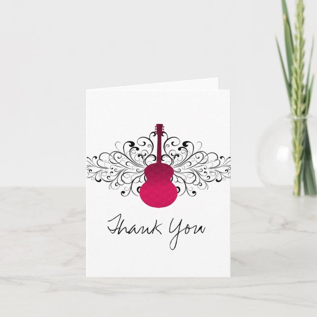 Hot Pink Swirls Guitar Thank You Card (Front)