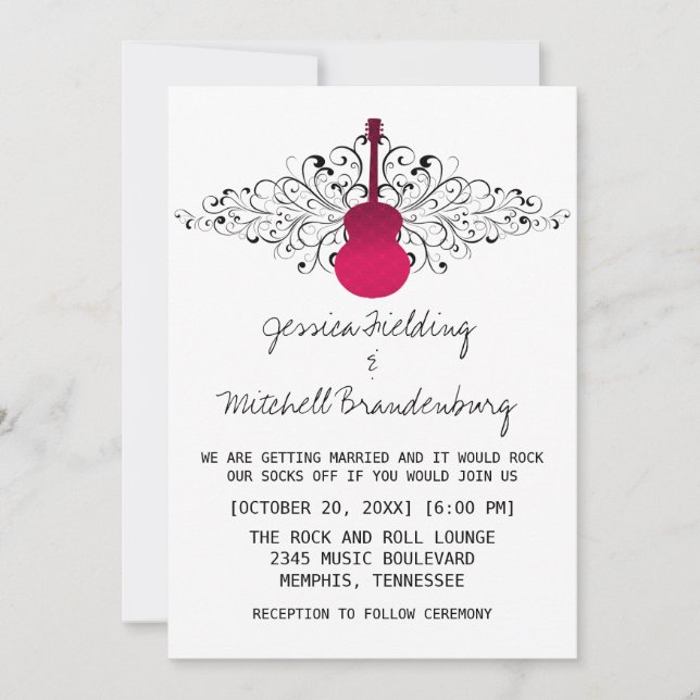 Hot Pink Swirls Guitar Wedding Invitation (Front)
