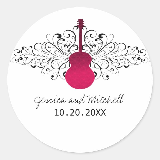 Hot Pink Swirls Guitar Wedding Stickers (Front)