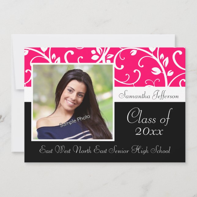 Hot Pink Swirly Vine Photo Graduation Announcement (Front)