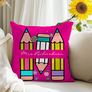 Hot Pink Teacher Colourful Pencil Name Throw Pillo Cushion