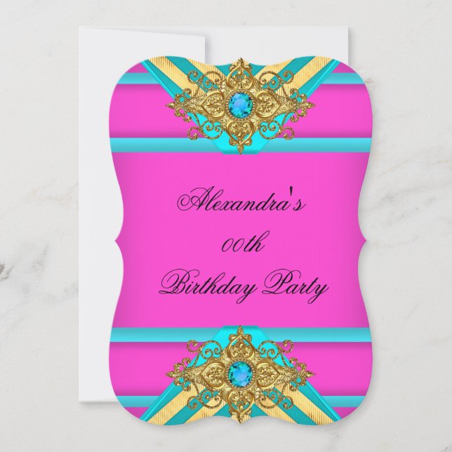 Hot Pink Teal Birthday Party Jewel Gold Striped Invitation (Front)