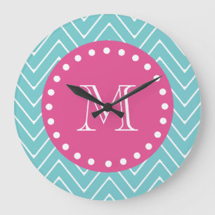 Hot Pink, Teal Blue Chevron   Your Monogram Large Clock