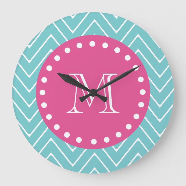 Hot Pink, Teal Blue Chevron | Your Monogram Large Clock (Front)