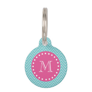 Hot Pink, Teal Blue Chevron   Your Monogram Pet Tag