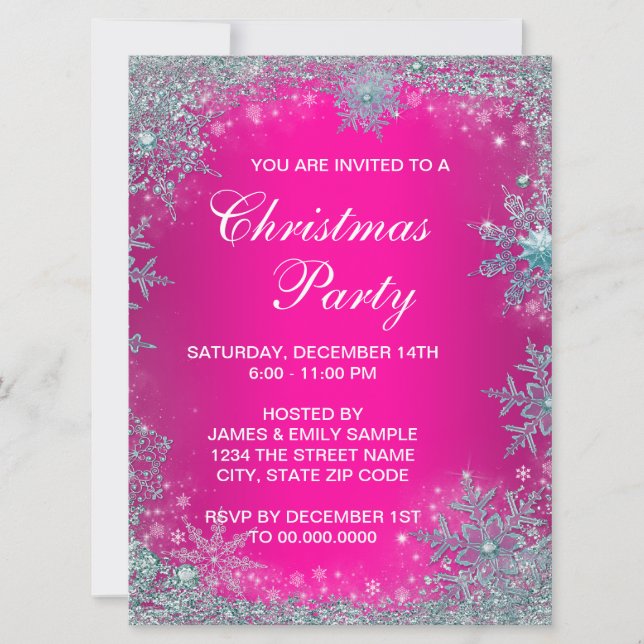 Hot Pink Teal Blue Snowflake Christmas Party Invitation (Front)