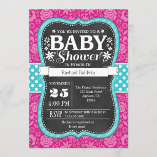 Hot Pink Teal Chalkboard Floral Baby Shower Invite