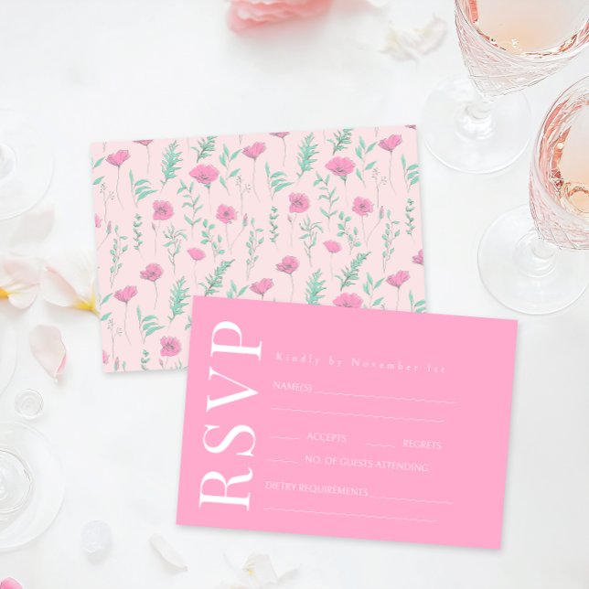 Hot Pink Teal Floral Retro Wedding RSVP Cards (Creator Uploaded)