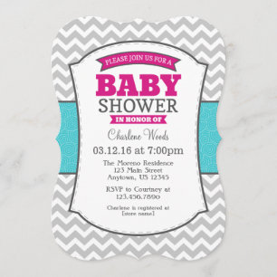 Hot Pink Teal Grey Chevron Baby Shower Invitation