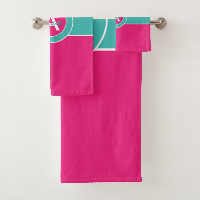 Hot Pink Teal Monogram Personalised Bath Towel Set (Insitu)