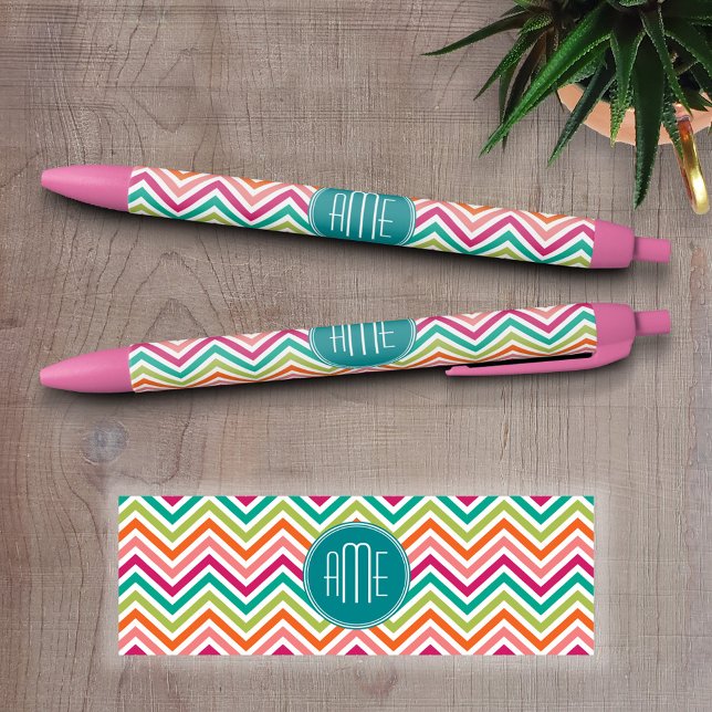 Hot Pink Teal Orange Chevrons Custom Monogram Black Ink Pen (Custom Pen - Personalize this writing pen with your name, monogram or other text)