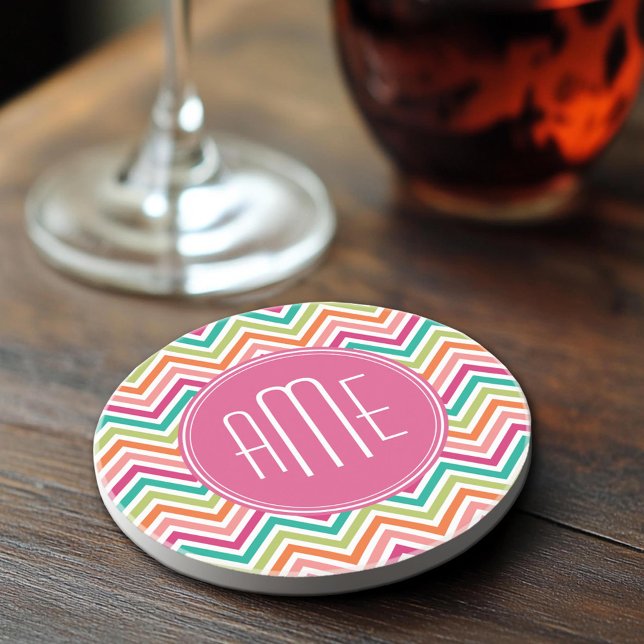 Hot Pink Teal Orange Chevrons Custom Monogram Coaster (Sandstone Coaster)
