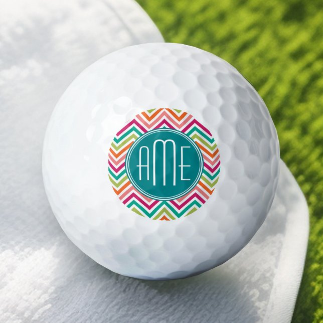 Hot Pink Teal Orange Chevrons Custom Monogram Golf Balls (Add Your Monogram to this Personalized Golf Ball)