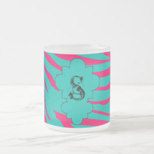 Hot Pink Teal Zebra Frosted Glass Coffee Mug Cup