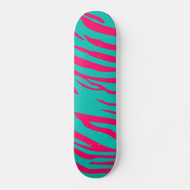 Hot Pink Teal Zebra Print Animal Comp Skateboard (Front)