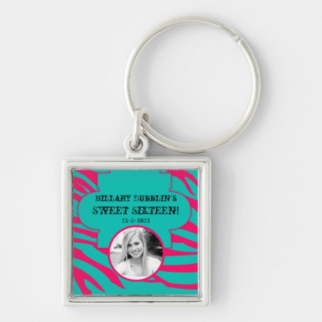Hot Pink Teal Zebra Print Animal Patter Key Chain (Front)