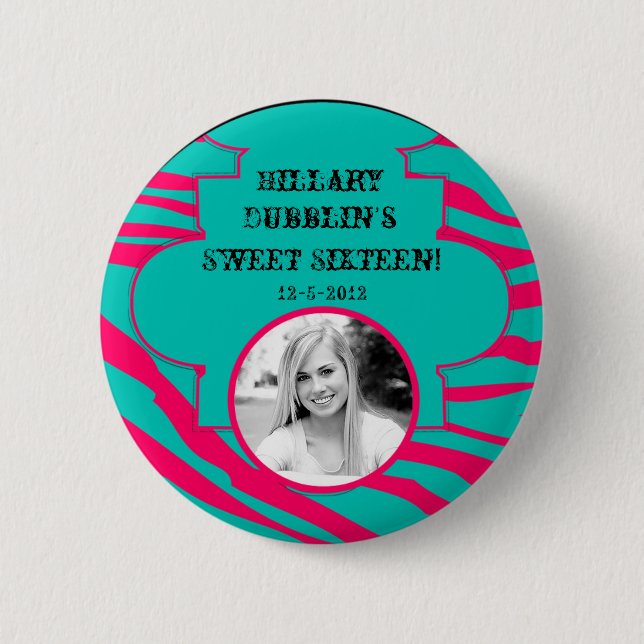 Hot Pink Teal Zebra Print Animal Photo Button (Front)