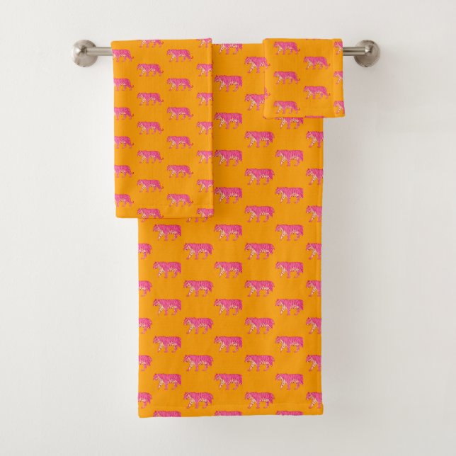 Hot Pink Tiger on Bold Orange Boho Pattern Bath Towel Set (Insitu)