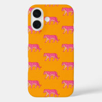 Hot Pink Tiger on Bold Orange Boho Pattern