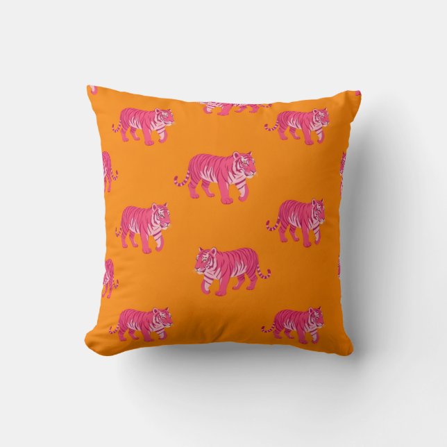 Hot Pink Tiger on Bold Orange Boho Pattern Cushion (Front)