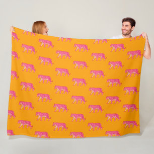 Hot Pink Tiger on Bold Orange Boho Pattern Fleece Blanket