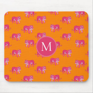 Hot Pink Tiger on Bold Orange Boho Pattern Mouse Mat