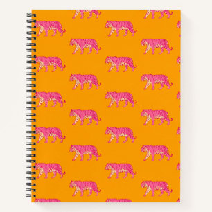 Hot Pink Tiger on Bold Orange Boho Pattern Notebook