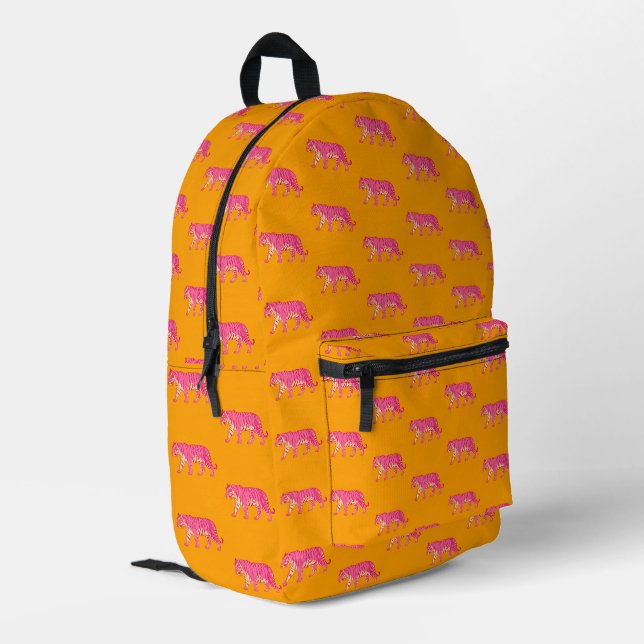 Hot Pink Tiger on Bold Orange Boho Pattern Printed Backpack (Back Corner Left)