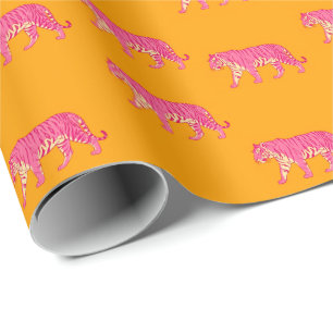 Hot Pink Tiger on Bold Orange Boho Pattern Wrapping Paper