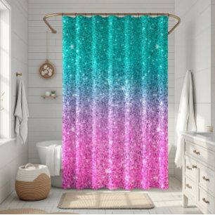 Hot-pink to turquoise faux glitter ombre shower curtain