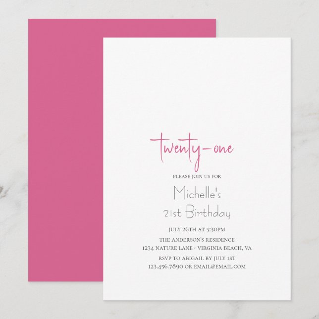 Hot Pink Trendy Modern Minimalist 21st Birthday Invitation (Front/Back)
