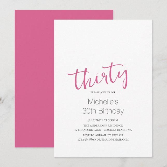 Hot Pink Trendy Modern Minimalist 30th Birthday Invitation (Front/Back)